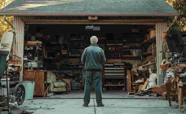 Elderly Man Standing in Cluttered Garage