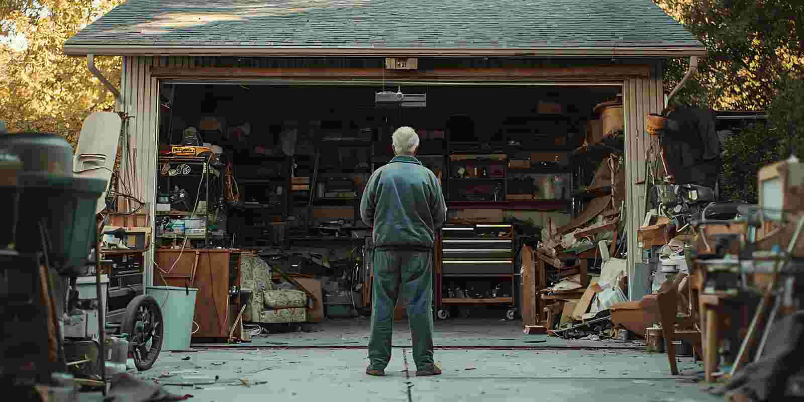 Elderly Man Standing in Cluttered Garage
