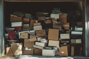 Garage Overflowing with Cardboxes Due to Putting Off Junk Removal