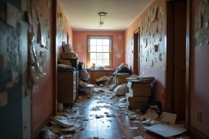 Hallway in House Cluttered with Papers, Boxes and Assorted Items Strewn Across Floor and Walls