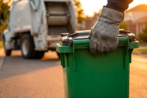 Junk Hauler Bringing Green Garbage Bin to Truck