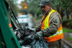 Junk Removal Crew Picking Up Trash Bags on a Residential Street