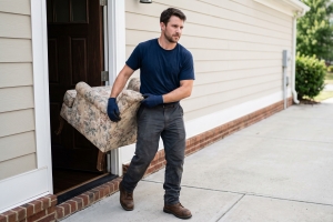 Junk Removal Worker Carrying Old Chair from a Suburban Home During Cleanout