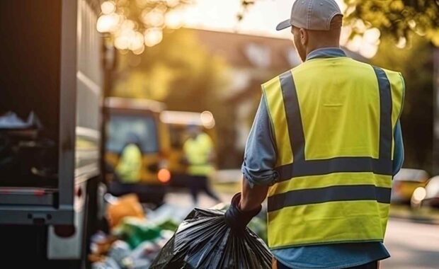 Junk Removal Worker Collecting Trash Bags After Property Cleanout