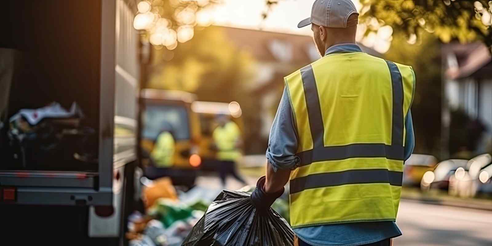 Junk Removal Worker Collecting Trash Bags After Property Cleanout