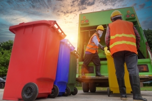 Junk Removal Workers Emptying Dustbins in Truck