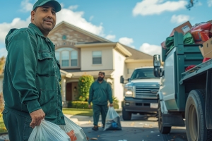 Junk Removal Workers Removing Trash Bags During Property Cleanout