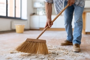 Worker Sweeping Dust and Debris During Property Cleanout