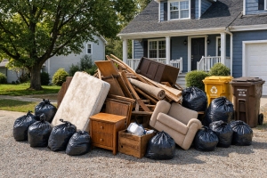 Homeowners Moved Discarded Household Furniture and Garbage Bags to a Driveway for Junk Removal