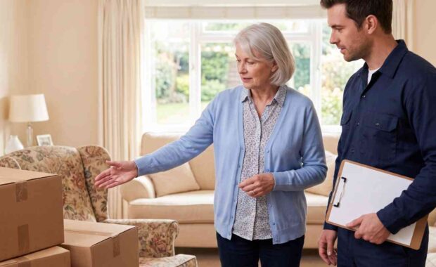 Senior Homeowner Showing Pre-Packed Boxes to Junk Removal Worker