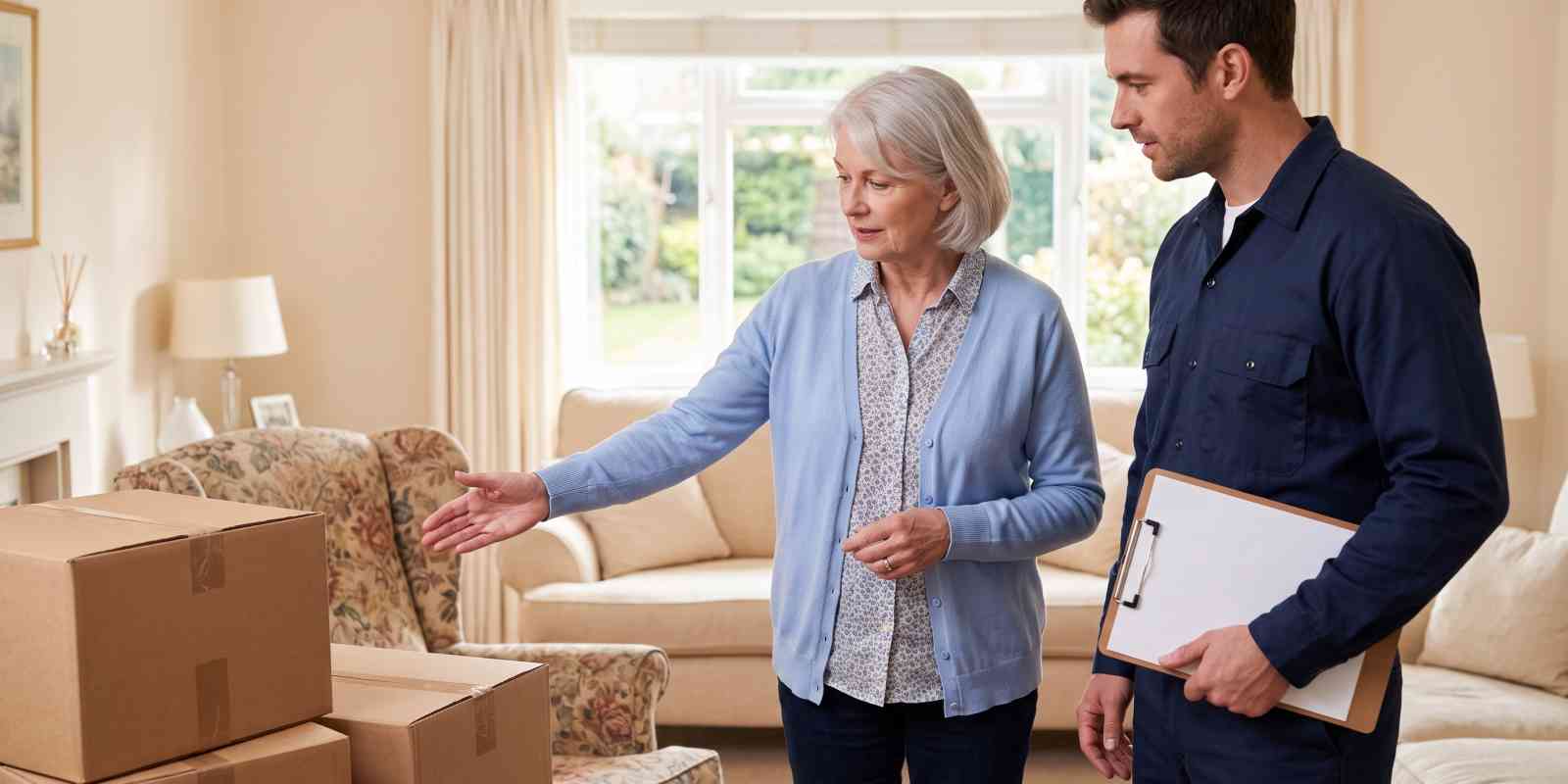 Senior Homeowner Showing Pre-Packed Boxes to Junk Removal Worker