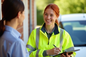 Smiling Female Junk Removal Worker Discusiing Project Cost with Client