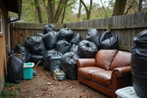 Backyard Overloaded with Trash Bags and Discarded Furniture