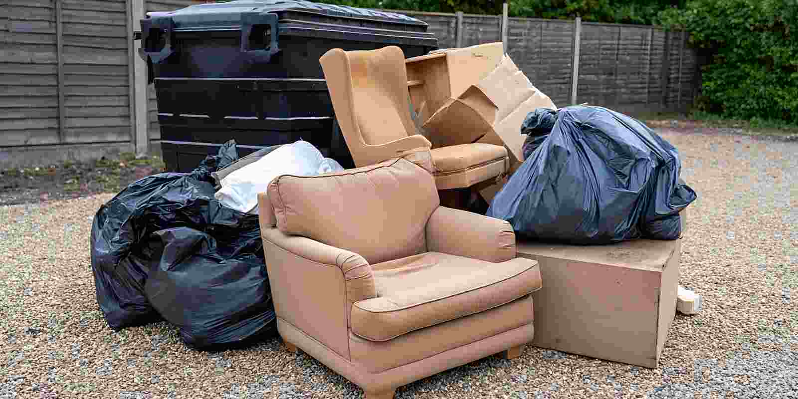 Discarded Old Furniture, Broken Armchairs, Cardboard Boxes, and Garbage Bags in Yard for Removal