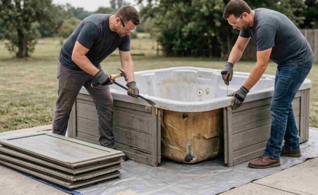 Hot Tub Removal Crew Dismantling an Old Backyard Spa with Hand Tools