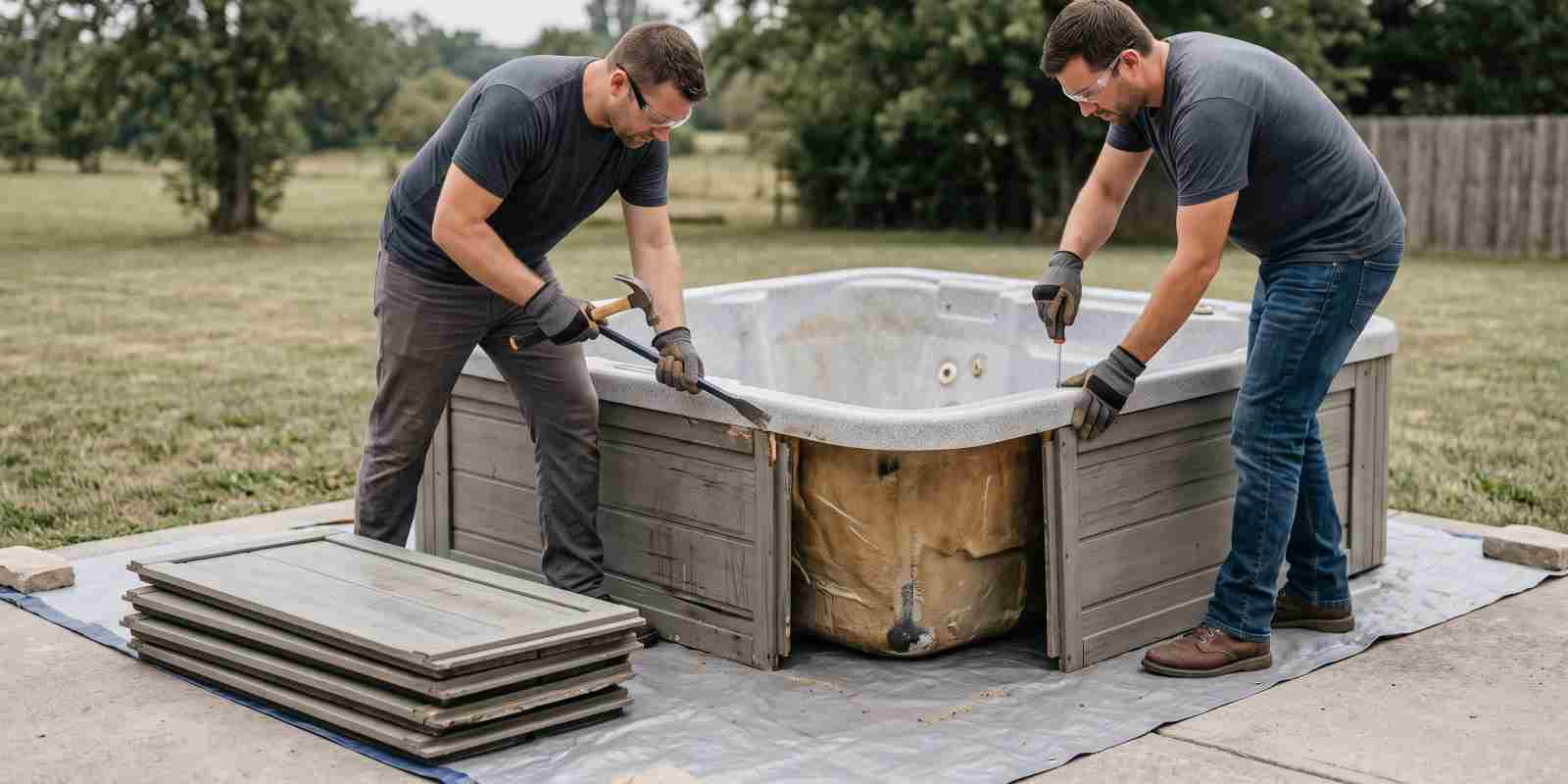 Hot Tub Removal Crew Dismantling an Old Backyard Spa with Hand Tools