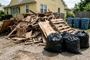 Large Pile of Household Debris and Trash in a Residential Home Yard for Removal