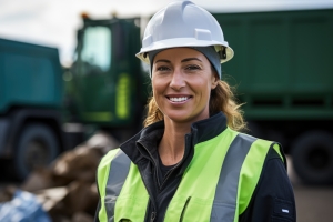 Smiling Junk Removal Worker Standing in Front of Dump Truck at Site