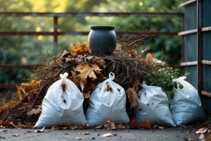 Yard Waste Collection Pile Filled with Branches and Leaves is Prepared for Pickup